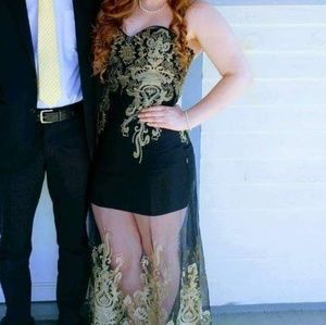 Black and gold lace prom dress